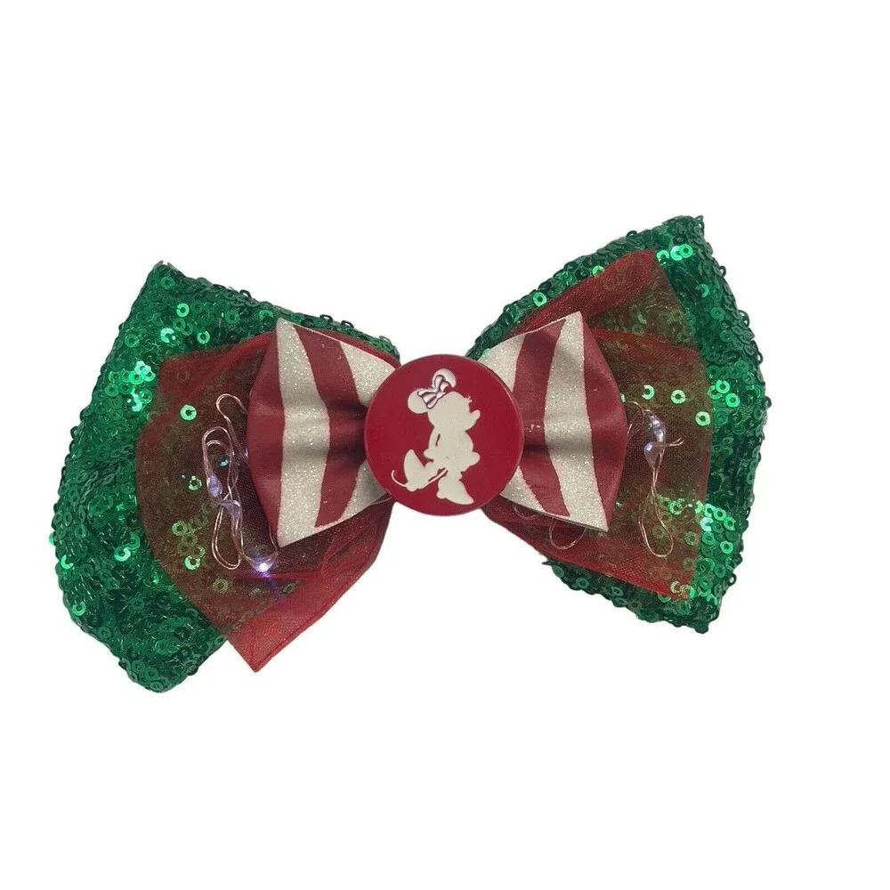 Disney Parks Minnie Ears Christmas Holiday Light Up Bow Barrette Hair Clip Green - Picture 2 of 16